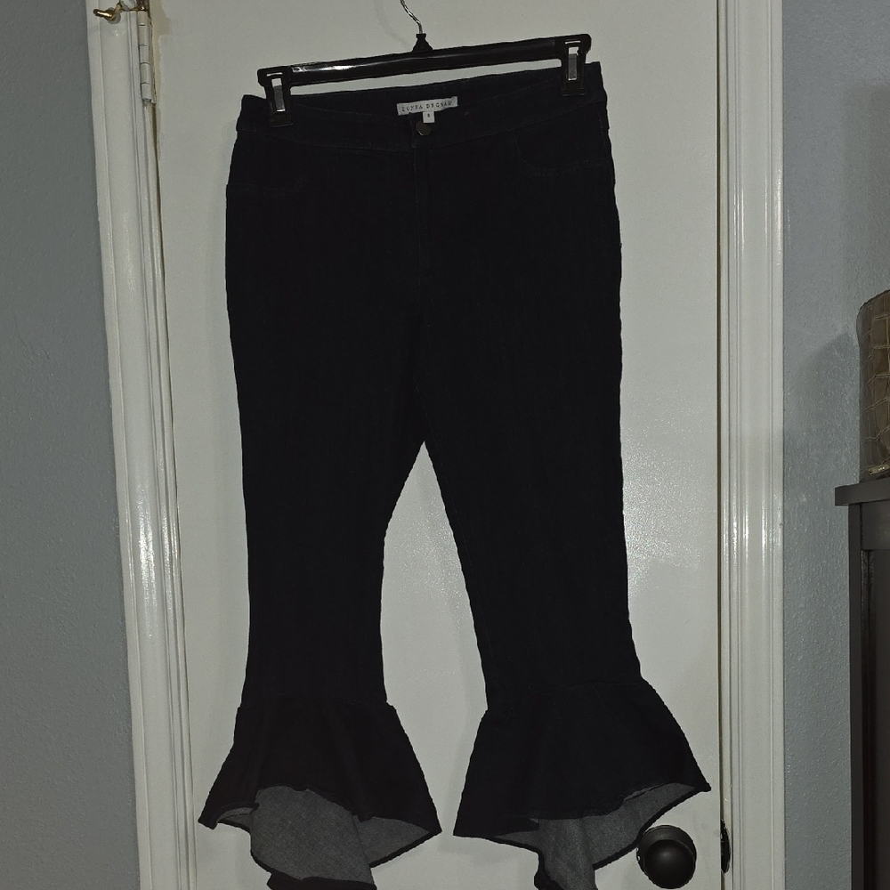 Donna DEGNAN Dark Denim Flared Ruffle Hem Jeans Sz 8